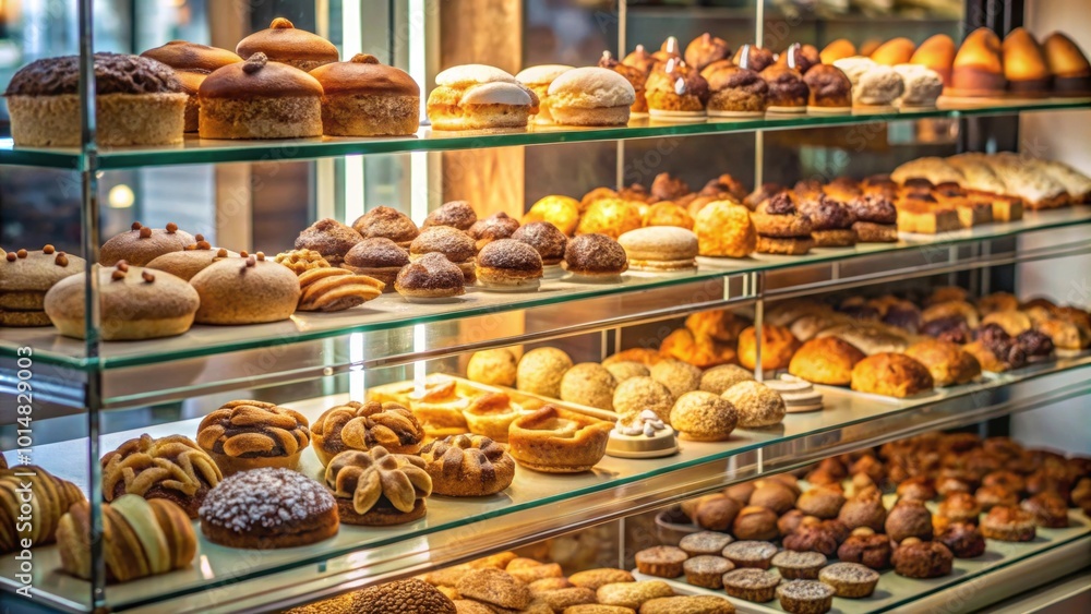 Assorted baked goods in a glass display case , bakery, pastries, muffins, cupcakes, cookies, cakes, sweet treats Assorted baked goods in a glass display case , bakery, pastries, muffins, cupcakes, cookies, cakes, sweet treats