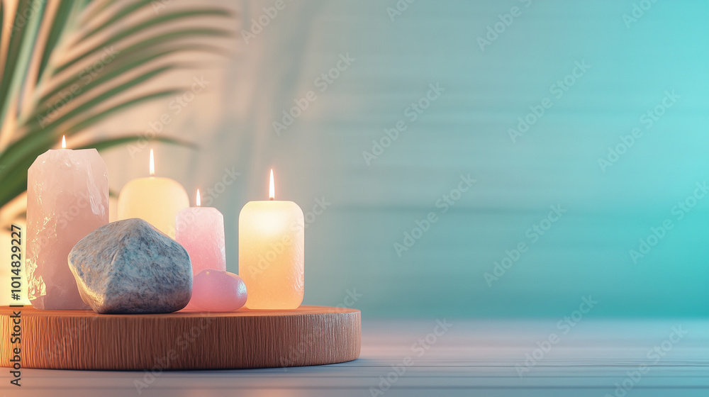 Fototapeta premium serene arrangement of candles and stones creates calming atmosphere, perfect for relaxation and meditation. soft glow of candles enhances tranquil setting