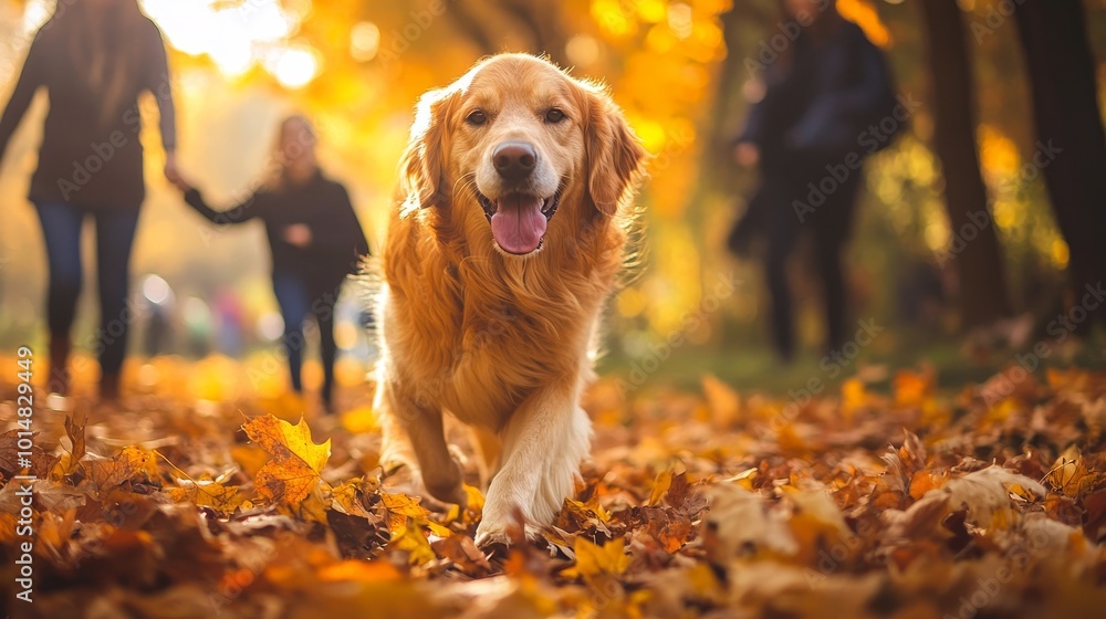 A joyful golden retriever runs through a park filled with autumn leaves, accompanied by people enjoying the outdoors. A joyful golden retriever runs through a park filled with autumn leaves, accompanied by people enjoying the outdoors.