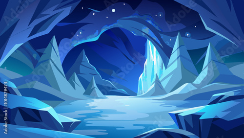 Starry Night Sky Visible Through Ice Cave Opening. Perfect for: Winter Solstice, Nature Reserves, Northern Regions, Night Photography