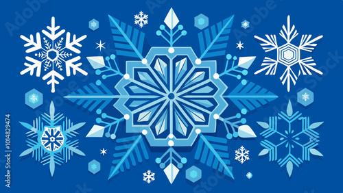 Intricate Snowflakes and Ice Crystals in Winter Design. Perfect for: Winter Solstice, Christmas, Holiday Decorations, Winter Festivals