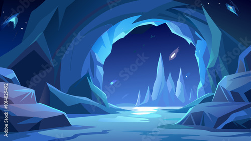 Starry Night Sky Visible Through Ice Cave Opening. Perfect for: Winter Solstice, Nature Reserves, Northern Regions, Night Photography