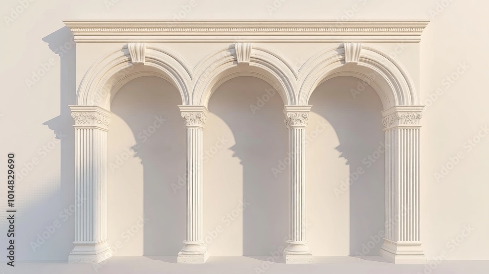 Naklejka premium 3D Illustration of an Antique White Colonnade with Majestic Corinthian Columns and Three Arched Entrances or Niches in Classical Roman and Greek Architecture Style