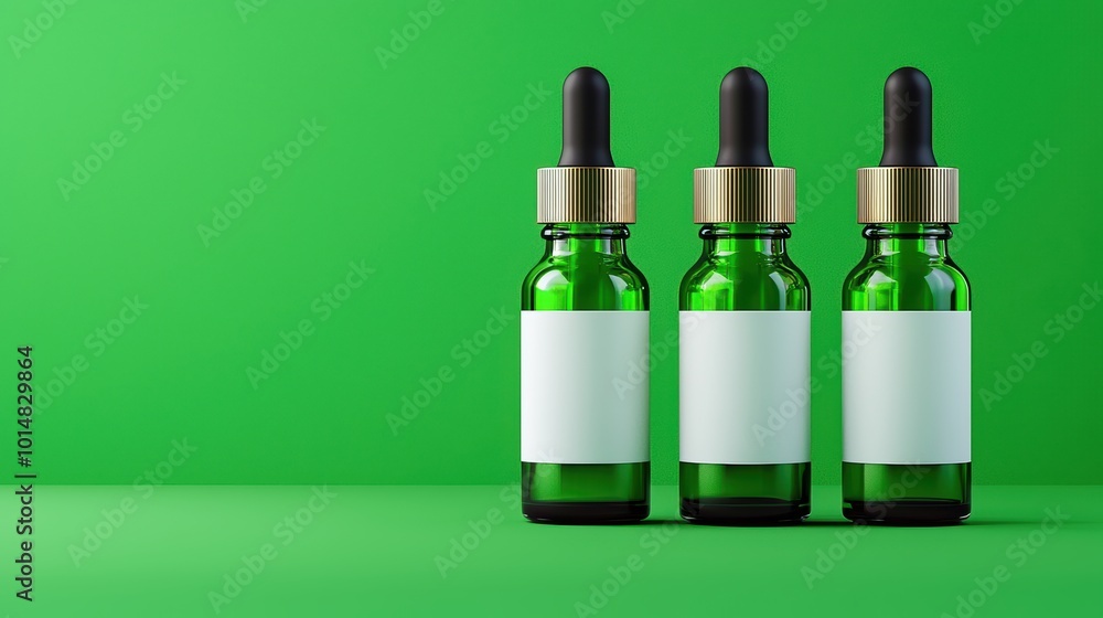 Three Glass Bottles with Blank Labels on Green Background Three Glass Bottles with Blank Labels on Green Background