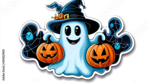 Cheerful Halloween Ghost with Pumpkins photo