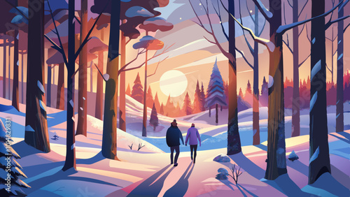 Two People Walking Through Snow-Covered Forest at Sunset. Perfect for: Christmas, New Year's Eve, Winter Solstice, nature parks, woodland trails