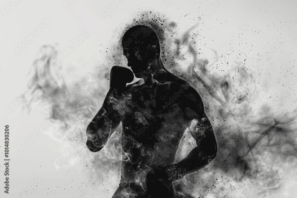A black and white photograph of a man preparing for a boxing match A black and white photograph of a man preparing for a boxing match