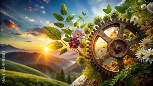 Double Exposure Photography of Interlocking Gears with Nature Elements for Creative Design