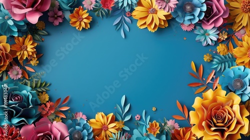 A vibrant arrangement of paper flowers in various colors, set against a bright blue background