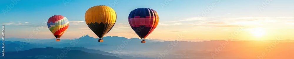 Fototapeta premium Vibrant hot air balloons soar gracefully at sunrise, showcasing breathtaking mountain views. Perfect for travel, adventure, and exploration themes.