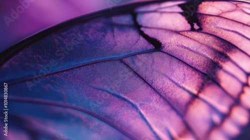 A close-up of a purple butterfly wing, with intricate patterns and textures illuminated by soft natural light.