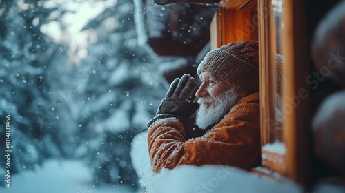 Elderly Man Gazing Out of a Snowy Cabin Window photo