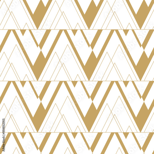 Abstract geometric pattern with triangle, lines and stripes on white background. A seamless vector background. Graphic modern pattern. White and gold pattern.
