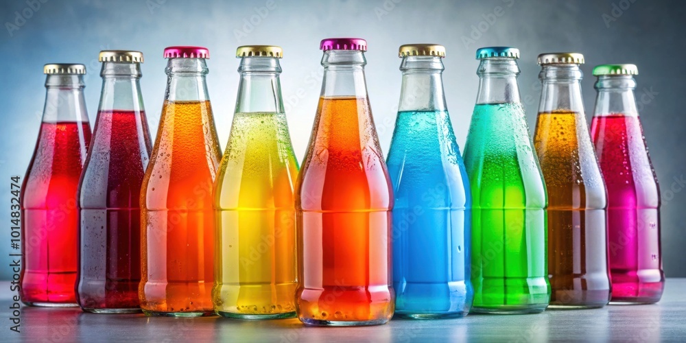 A row of colorful soda bottles filled with vibrant liquids for advertising or educational purposes , soda A row of colorful soda bottles filled with vibrant liquids for advertising or educational purposes , soda