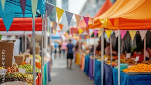 Wallpaper Mural vibrant street market bustling with colorful tents and fresh produce, showcasing variety of fruits and vegetables. festive atmosphere is enhanced by bright banners and lively crowds.  Torontodigital.ca