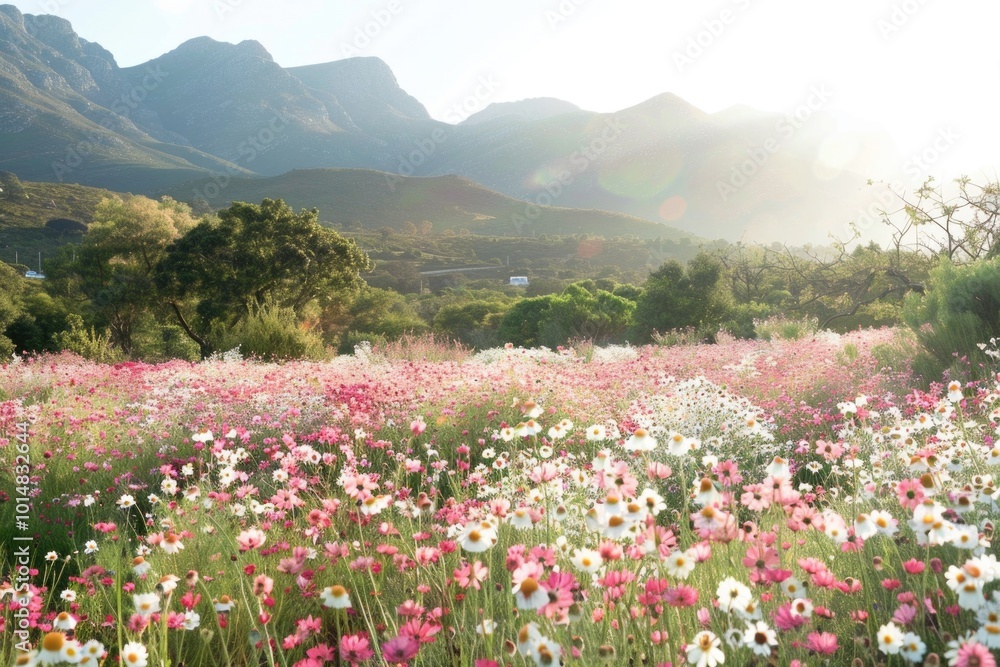 A beautiful field of wildflowers surrounded by majestic mountains A beautiful field of wildflowers surrounded by majestic mountains