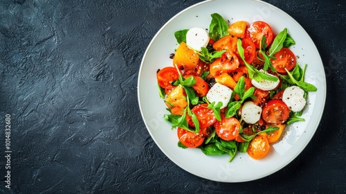 Fresh and vibrant salad featuring ripe tomatoes, mozzarella, and spinach, beautifully arranged on plate. This colorful dish is perfect for healthy meal or gourmet vegetarian feast. 