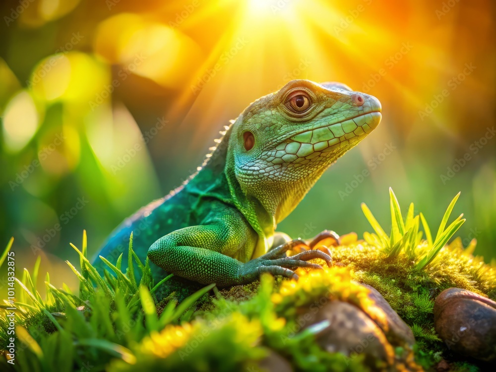 Fototapeta premium Fashion Photography: Green Lizard on Stone Amidst Grass in Bright Light