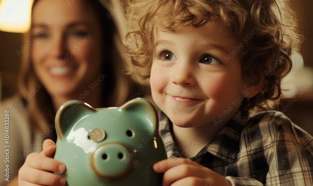 A young boy is saving money in a piggy bank.