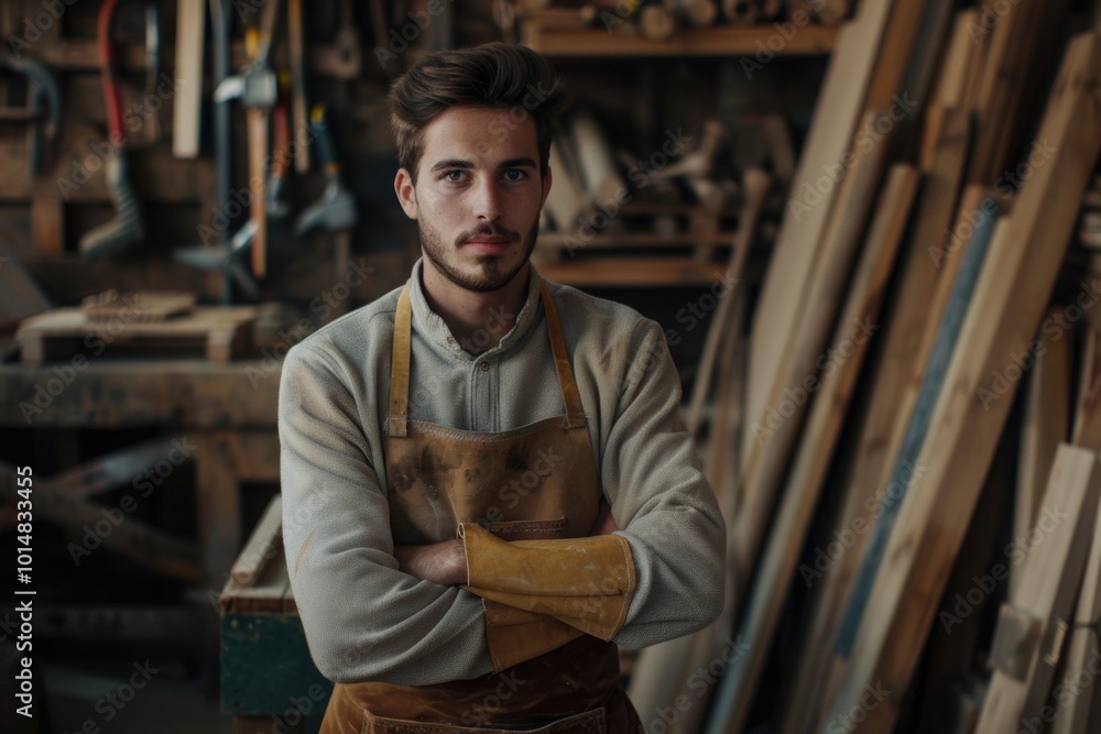 Man standing in a workshop with his arms crossed, possibly the owner or manager of the workshop Man standing in a workshop with his arms crossed, possibly the owner or manager of the workshop