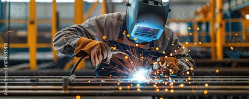 Factory worker welding metal parts together, sparks flying, Welding Process, metal fabrication in an industrial setting