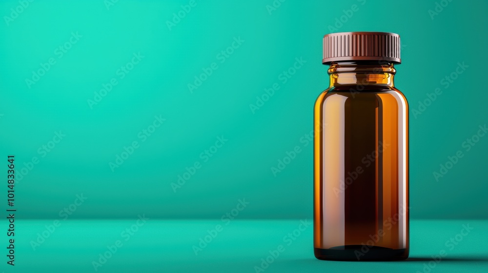 Amber Glass Bottle on Teal Background Amber Glass Bottle on Teal Background