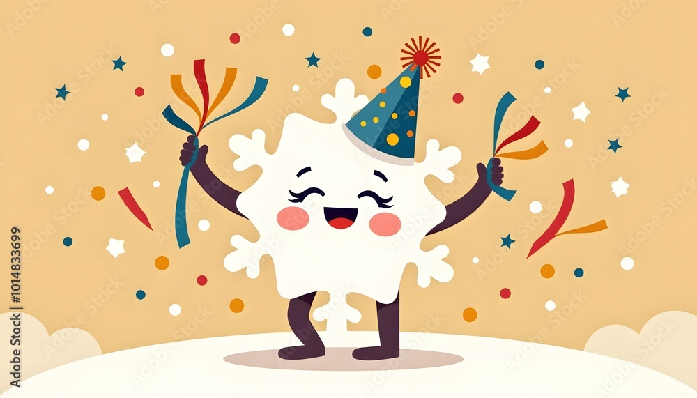 Funny cartoon snowflake with a festive hat and confetti Funny cartoon snowflake with a festive hat and confetti