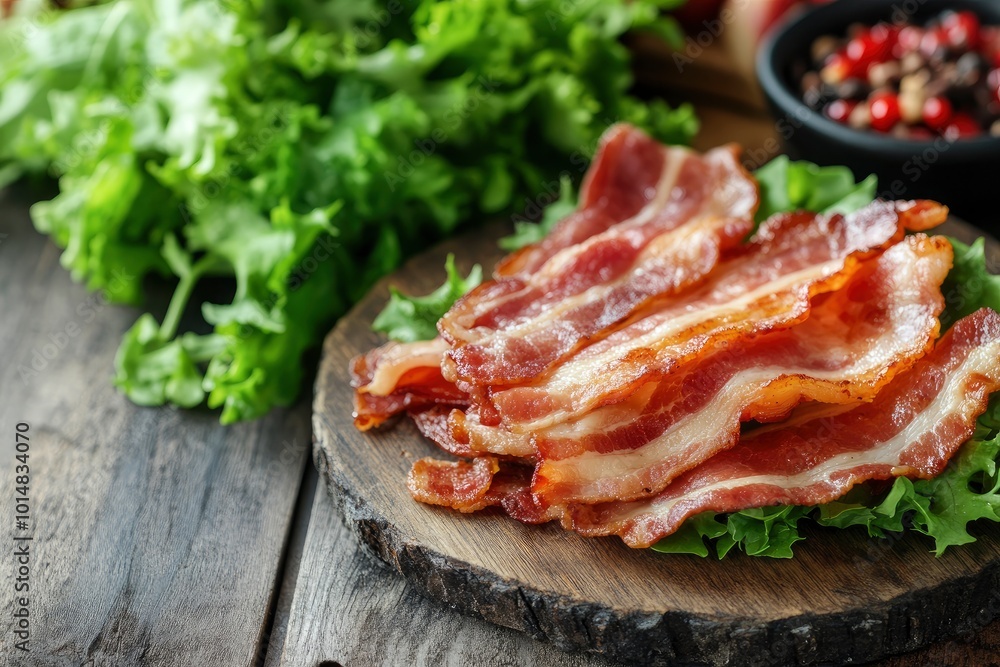Bacon on the wooden background with salad leaves - generative ai Bacon on the wooden background with salad leaves - generative ai