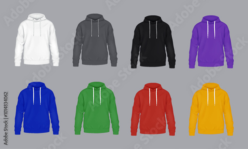 Multicolor mockup hoodies realistic vector illustration set. Comfortable sports attire with brand template 3d models on grey background