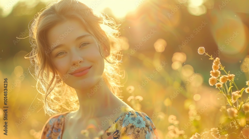 Fototapeta premium A beautiful young woman stands amidst a vibrant field of flowers, with a serene expression
