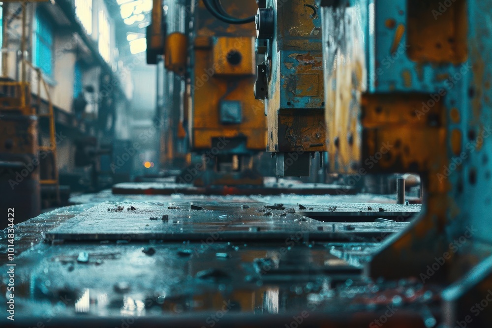 Large mechanical press stamping metal sheets into shape, Metal Stamping, industrial machinery in action Large mechanical press stamping metal sheets into shape, Metal Stamping, industrial machinery in action
