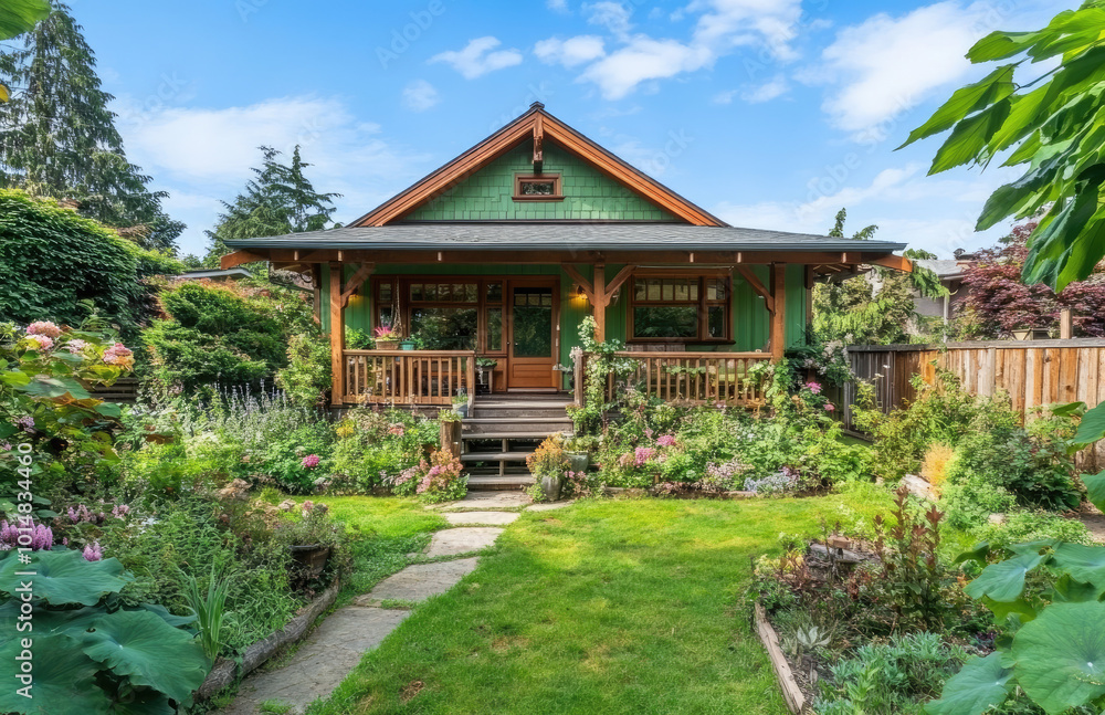 Small, green craftsman-style home with a wooden fence and lush garden in front Small, green craftsman-style home with a wooden fence and lush garden in front