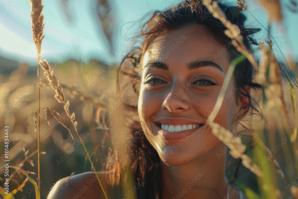 A happy woman standing amidst tall grass, great for travel, outdoor or nature themed projects A happy woman standing amidst tall grass, great for travel, outdoor or nature themed projects