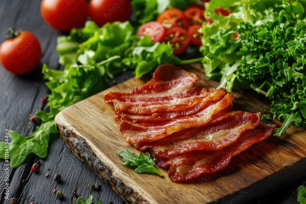 Bacon on the wooden background with salad leaves - generative ai Bacon on the wooden background with salad leaves - generative ai
