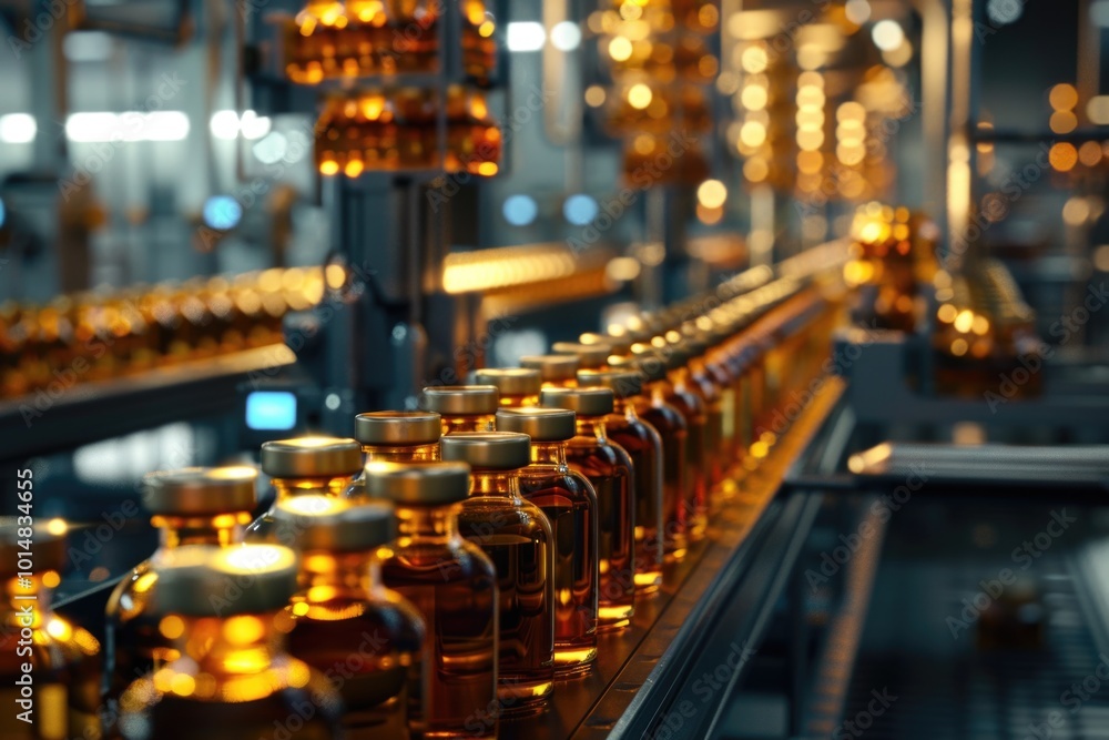 Row of jars of honey on a conveyor belt in a factory or production setting Row of jars of honey on a conveyor belt in a factory or production setting