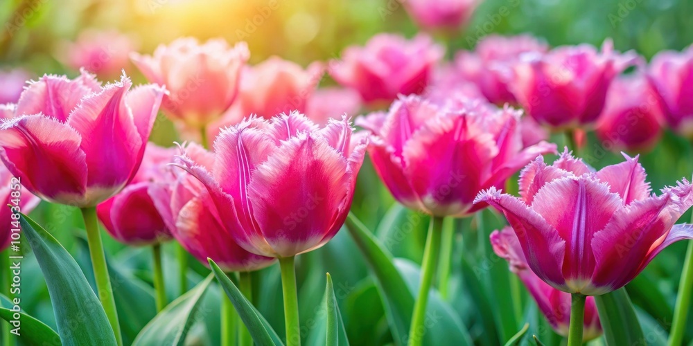 Fototapeta premium Pink fringed tulips (Tulipa) blooming in a vibrant garden, flowers, spring, tulip bulbs, nature, petals, pink, fringed, garden