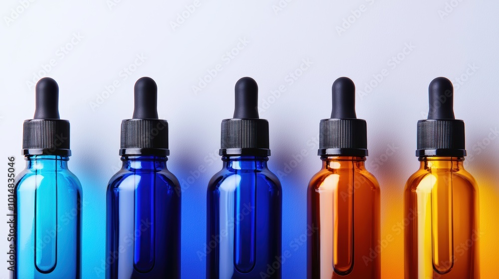 Colorful Glass Medicine Droppers on White Background Colorful Glass Medicine Droppers on White Background