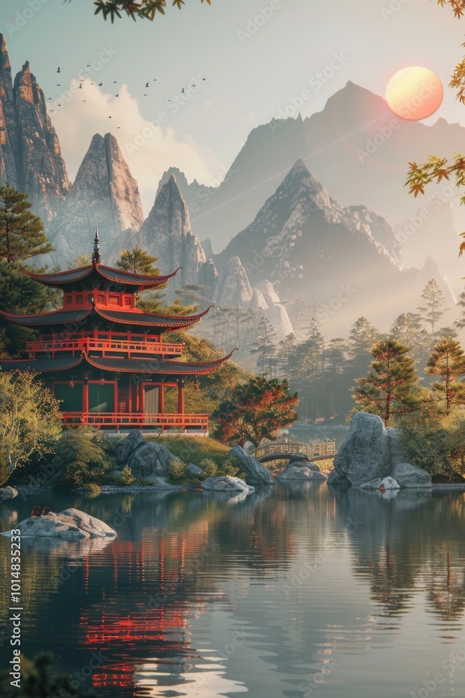Obraz premium A serene pagoda situated in the calm waters of a lake