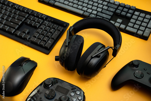 gamer work space concept, top view a gaming gear, mouse, keyboard, joystick, and headset on table background.
