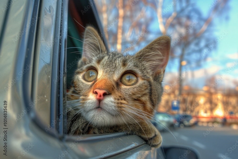 A curious cat peeks out from behind the open car window A curious cat peeks out from behind the open car window