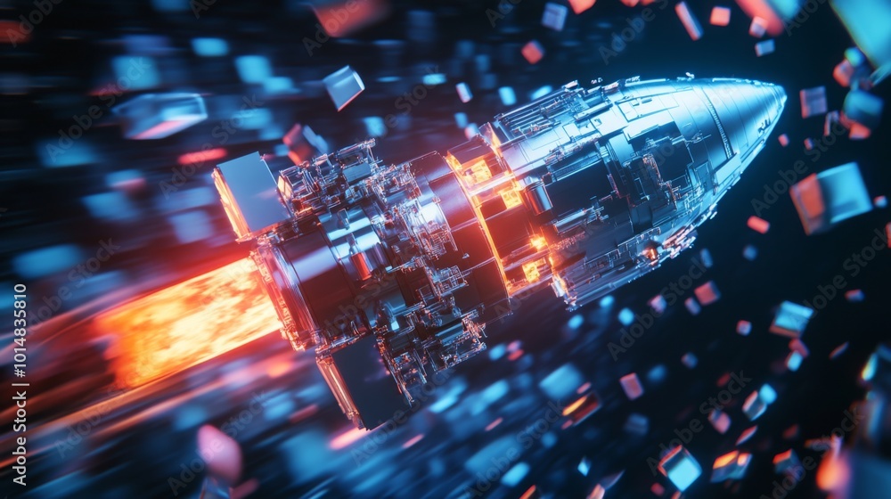 A futuristic rocket with a complex, metallic design is shown in motion, leaving a bright orange trail A futuristic rocket with a complex, metallic design is shown in motion, leaving a bright orange trail