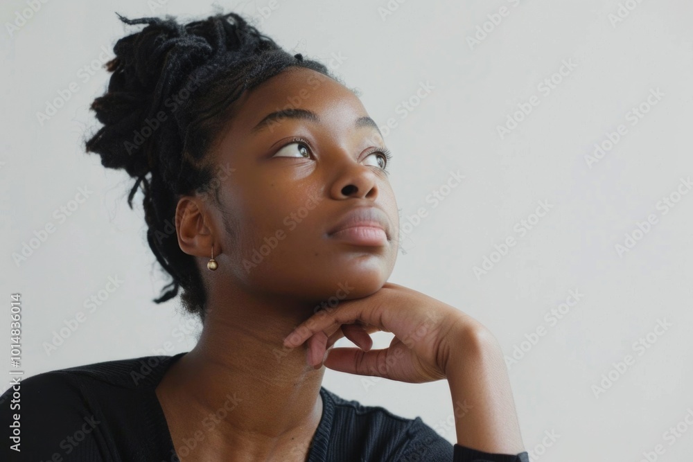 A person considering something, looking up with thoughtfulness A person considering something, looking up with thoughtfulness