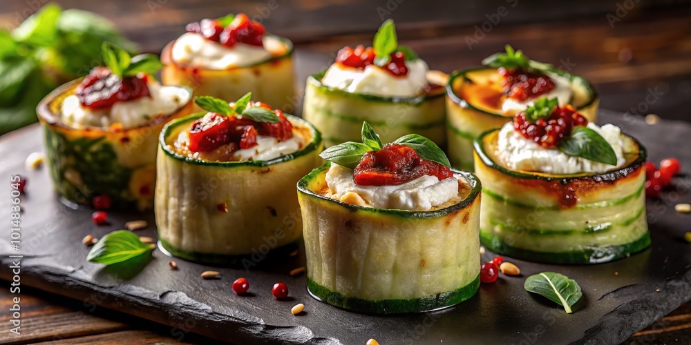 Grilled Zucchini Rolls with Ricotta and Sun-Dried Tomatoes - Vertical Low Light Photography Grilled Zucchini Rolls with Ricotta and Sun-Dried Tomatoes - Vertical Low Light Photography