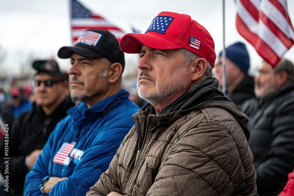 Rally in the elections in the United States. Two men wearing red hats and blue jackets are sitting in a crowd Rally in the elections in the United States. Two men wearing red hats and blue jackets are sitting in a crowd