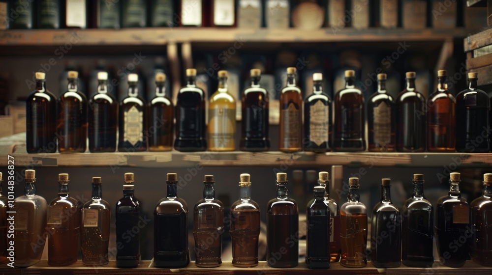 A shelf filled with various bottles of liquor A shelf filled with various bottles of liquor