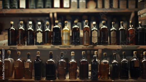 A shelf filled with various bottles of liquor