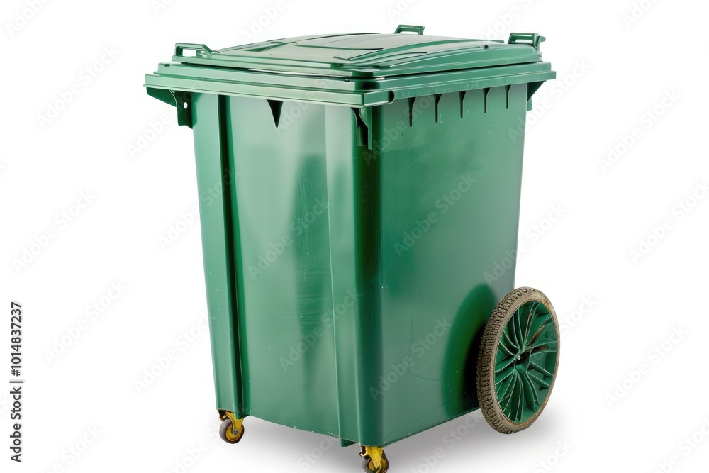 A green trash can with wheels on a white background, great for any scene or composition A green trash can with wheels on a white background, great for any scene or composition