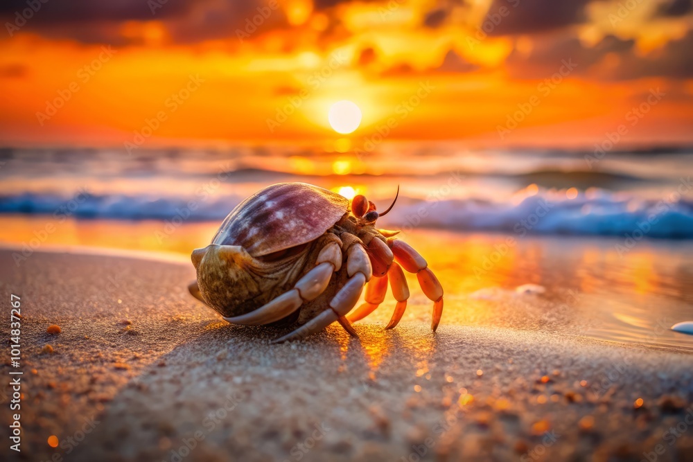Hermit Crab on Sandy Beach at Golden Hour - Serene Coastal Scene Hermit Crab on Sandy Beach at Golden Hour - Serene Coastal Scene