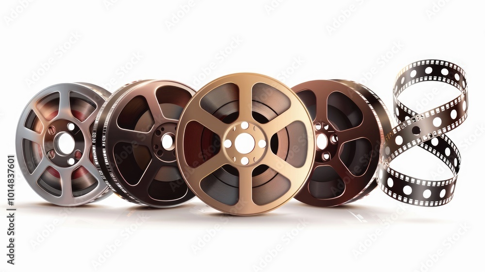 Obraz premium A collection of vintage film reels placed side by side, ideal for photography or cinematography projects