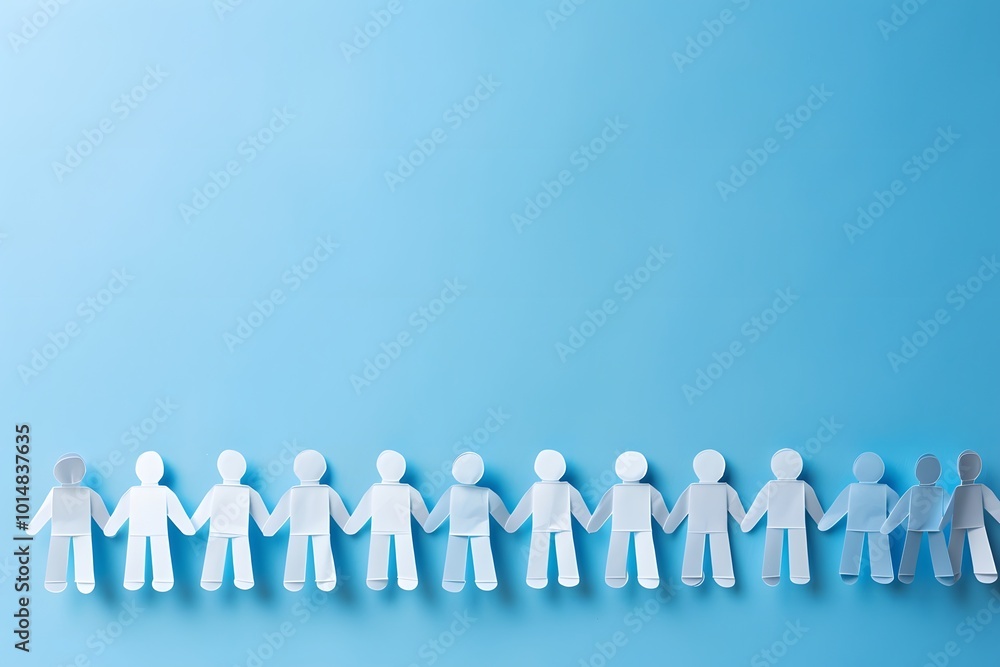 Paper People Holding Hands on Blue Background - Cooperation Concept Design Paper People Holding Hands on Blue Background - Cooperation Concept Design